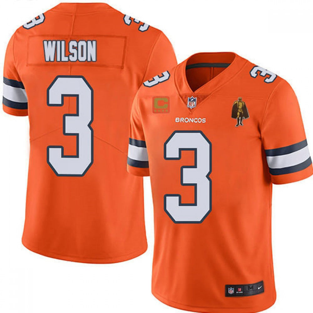 Men's Denver Broncos #3 Russell Wilson Orange With C Patch & Walter Payton Patch Limited Stitched Jersey 