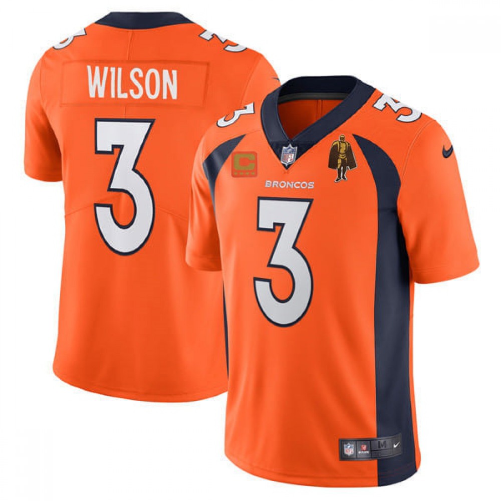 Men's Denver Broncos #3 Russell Wilson Orange With C Patch & Walter Payton Patch Vapor Untouchable Limited Stitched Jersey 