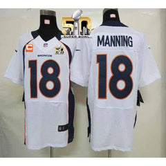 Broncos #18 Peyton Manning White With C Patch Super Bowl 50 Men's Stitched NFL Elite Jersey 