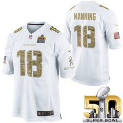 Broncos #18 Peyton Manning White Super Bowl 50 Men's Stitched NFL Limited Salute to Service Jersey 