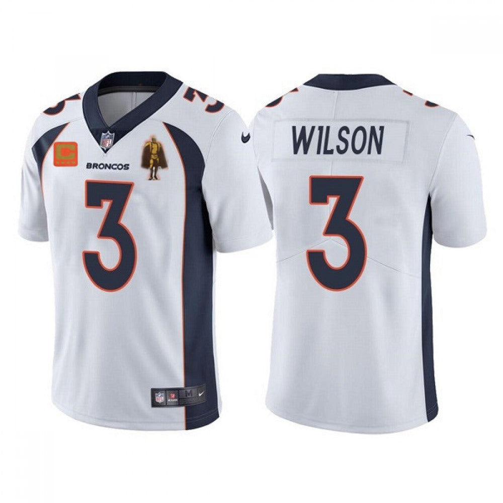 Men's Denver Broncos #3 Russell Wilson White With C Patch & Walter Payton Patch Limited Stitched Jersey 
