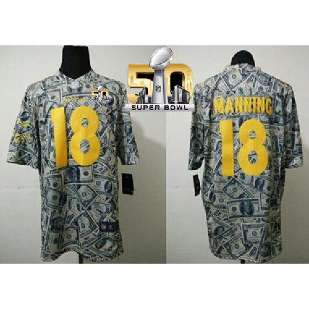 Broncos #18 Peyton Manning Dollar Fashion Super Bowl 50 Men's Stitched NFL Elite Jersey 