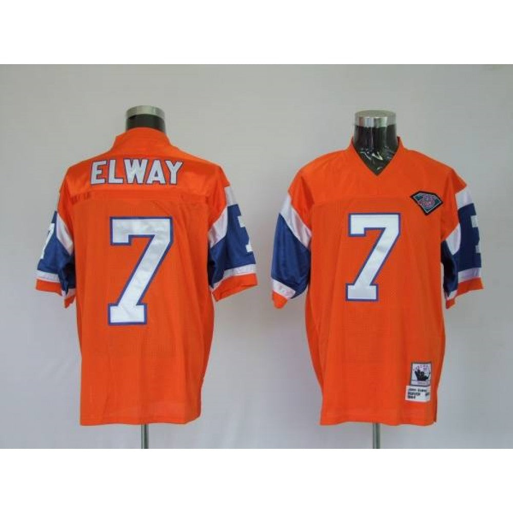 Mitchel & Ness Broncos #7 John Elway Orange With 75 Anniversary Patch Stitched Throwback NFL Jersey 