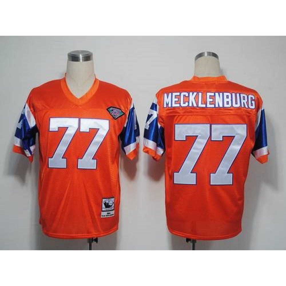 Mitchel and Ness Broncos #77 Karl Mecklenburg Orange With 75 Anniversary Patch Stitched Throwback NFL Jersey 