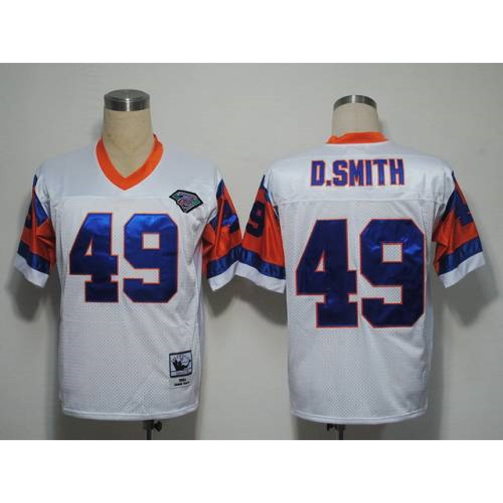 Mitchel and Ness Broncos #49 Dennis Smith White With 75 Anniversary Patch Stitched Throwback NFL Jersey 
