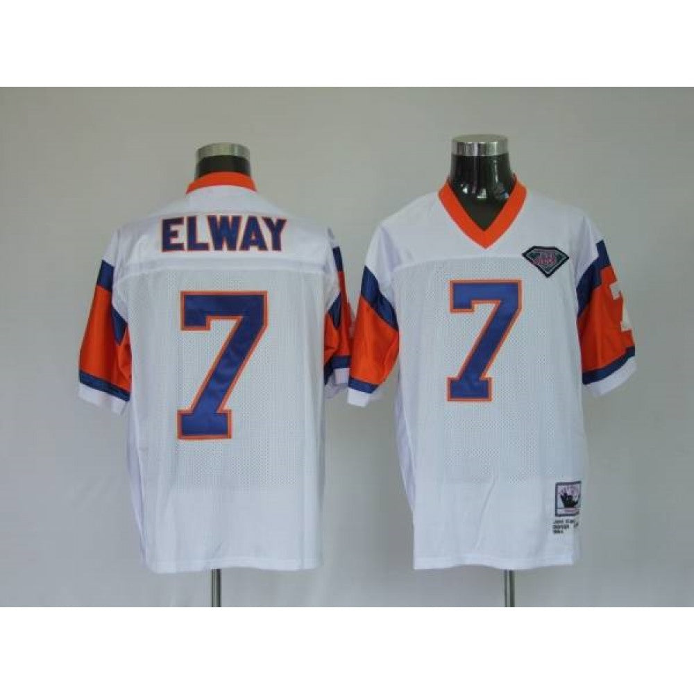 Mitchel & Ness Broncos #7 John Elway White With 75 Anniversary Patch Stitched Throwback NFL Jersey 