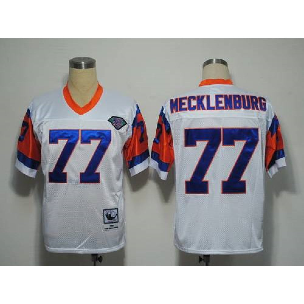 Mitchel and Ness Broncos #77 Karl Mecklenburg White With 75 Anniversary Patch Stitched Throwback NFL Jersey 
