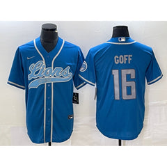 Men's Detroit Lions #16 Jared Goff Blue Cool Base Stitched Baseball Jersey 