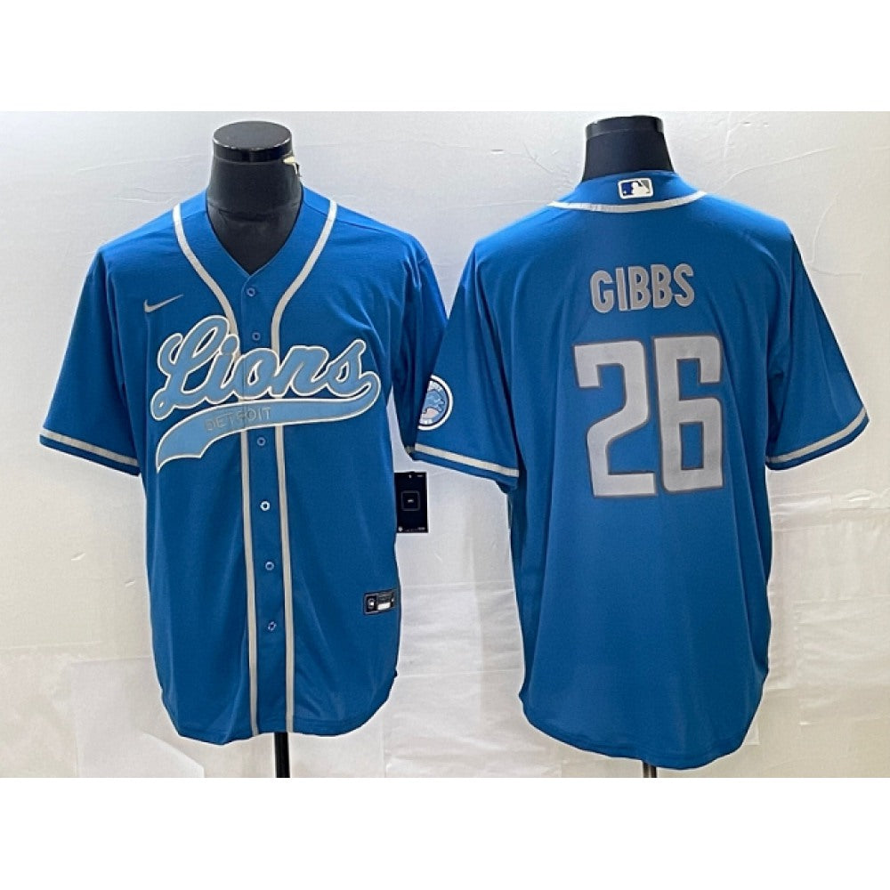 Men's Detroit Lions #26 Jahmyr Gibbs Blue Cool Base Stitched Baseball Jersey 