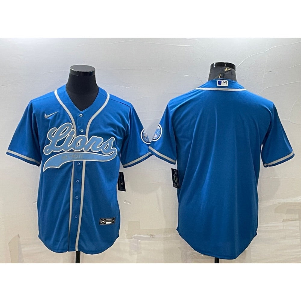 Men's Detroit Lions Blank Blue With Patch Cool Base Stitched Baseball Jersey 