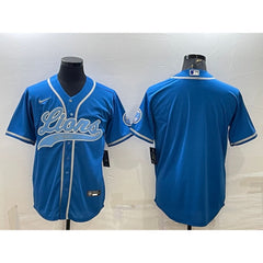 Men's Detroit Lions Blank Blue With Patch Cool Base Stitched Baseball Jersey 