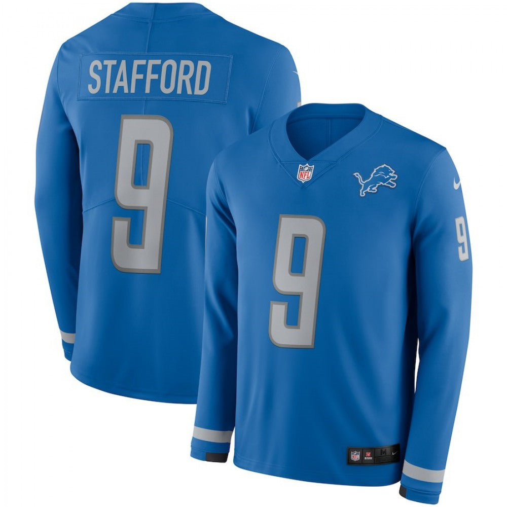 Men's Detroit Lions #9 Matthew Stafford Blue Therma Long Sleeve Stitched NFL Jersey 