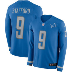 Men's Detroit Lions #9 Matthew Stafford Blue Therma Long Sleeve Stitched NFL Jersey 