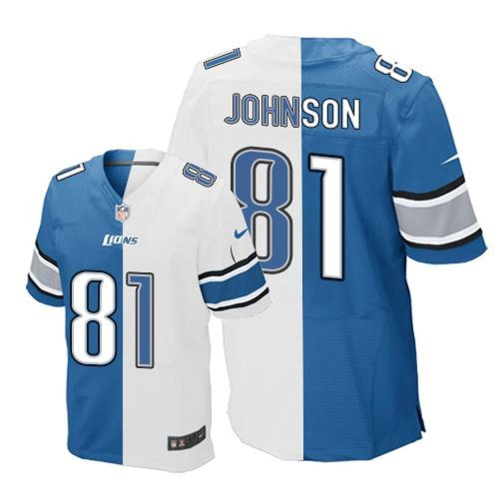 Lions #81 Calvin Johnson Blue/White Men's Stitched NFL Elite Split Jersey 