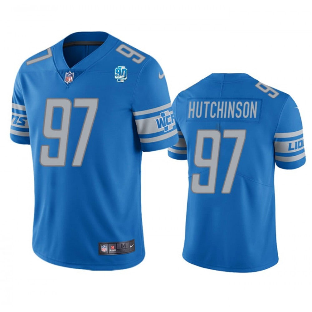 Men's Detroit Lions #97 Aidan Hutchinson Blue 2023 90th Anniversary Vapor Untouchable Limited Stitched Jersey 