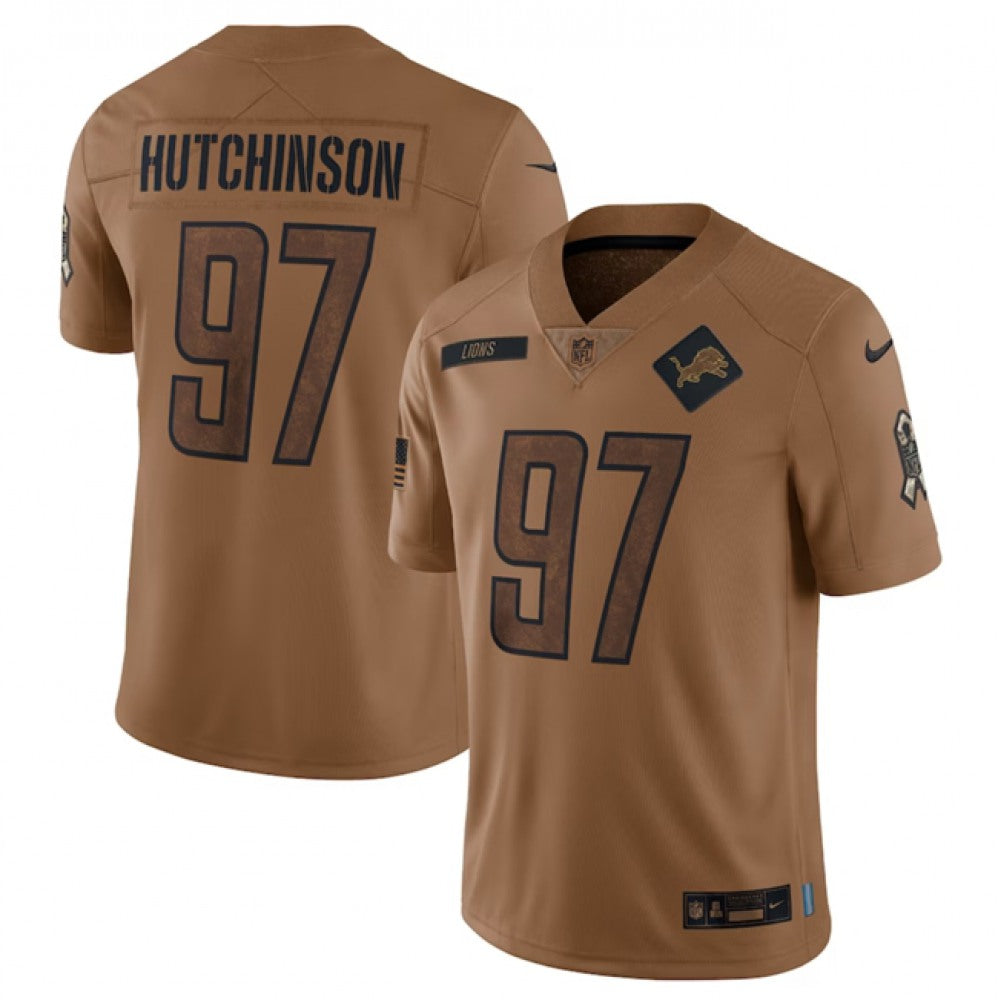 Men's Detroit Lions #97 Aidan Hutchinson 2023 Brown Salute To Service Limited Stitched Jersey 