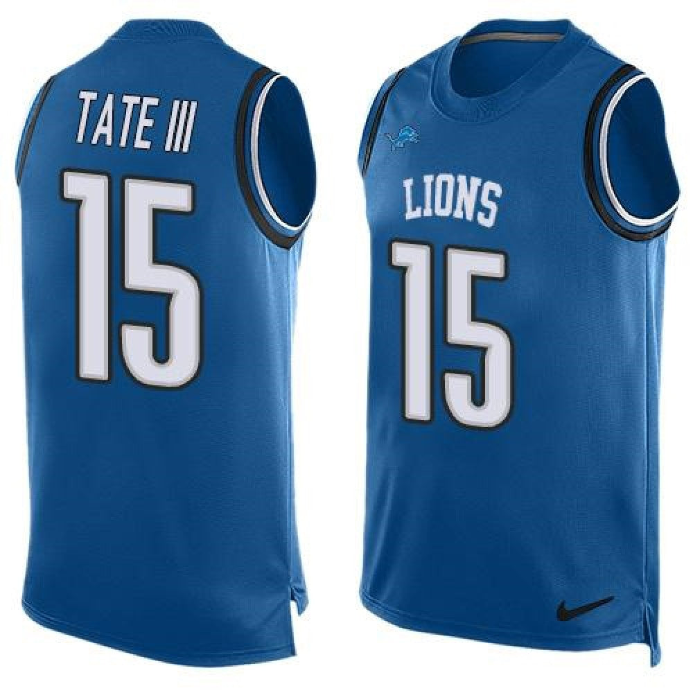 Lions #15 Golden Tate III Blue Team Color Men's Stitched NFL Limited Tank Top Jersey 