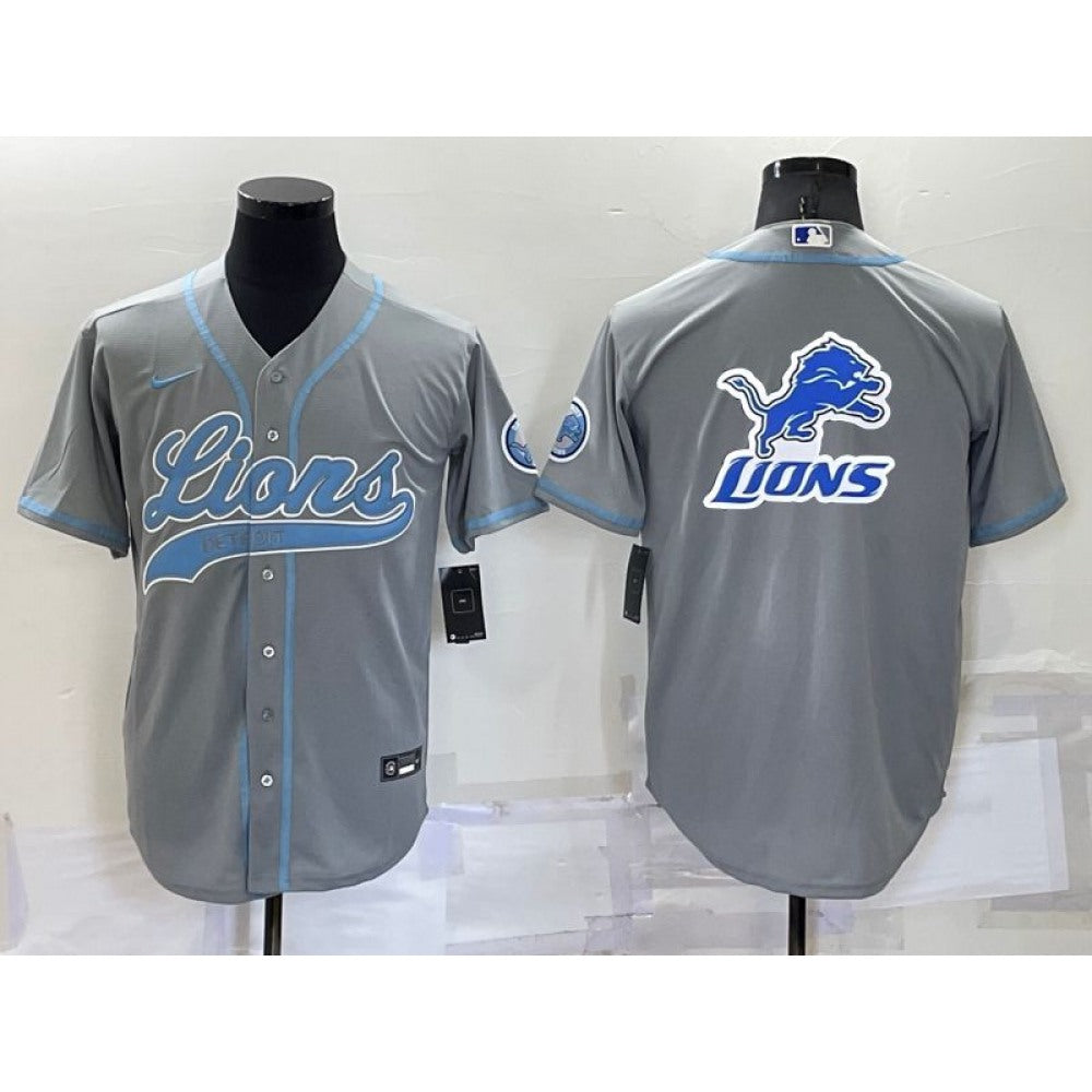 Men's Detroit Lions Gray Team Big Logo With Patch Cool Base Stitched Baseball Jersey 