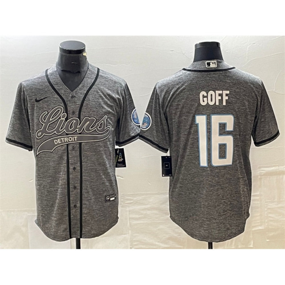 Men's Detroit Lions #16 Jared Goff Grey Cool Base Stitched Baseball Jersey 
