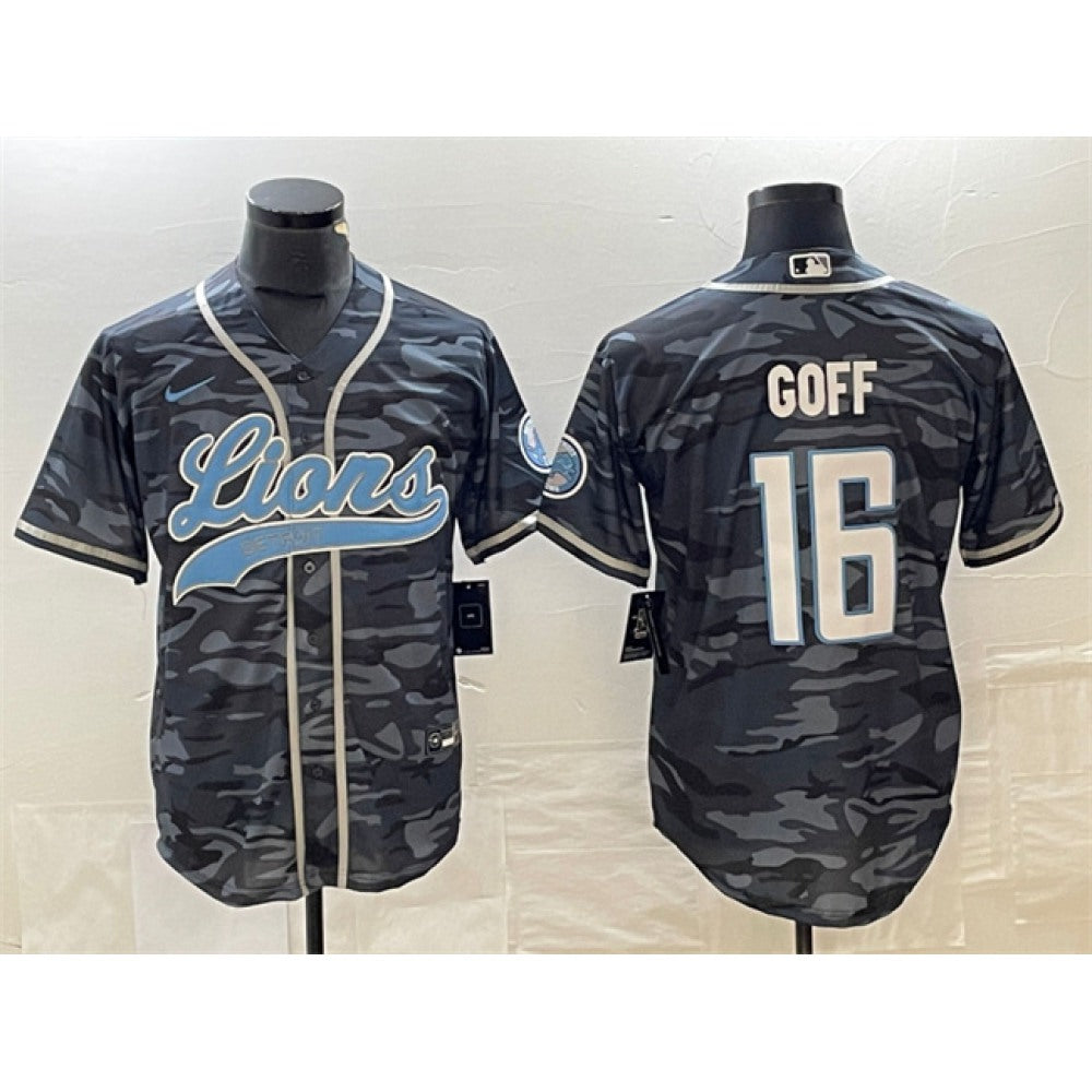 Men's Detroit Lions #16 Jared Goff Grey Camo Cool Base Stitched Baseball Jersey 