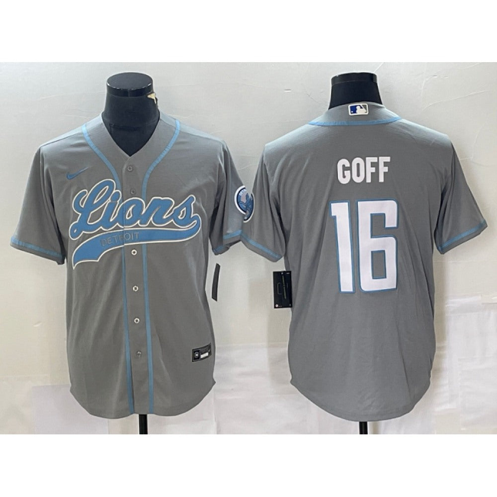 Men's Detroit Lions #16 Jared Goff Grey Cool Base Stitched Baseball Jersey 