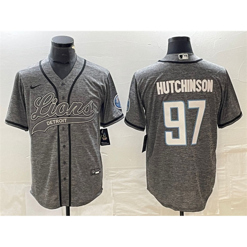 Men's Detroit Lions #97 Aidan Hutchinson Grey Cool Base Stitched Baseball Jersey 