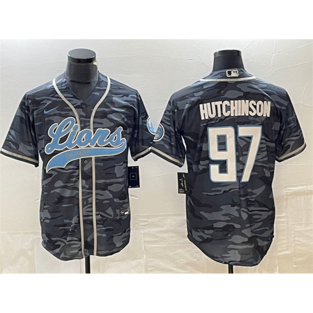 Men's Detroit Lions #97 Aidan Hutchinson Grey Camo Cool Base Stitched Baseball Jersey 