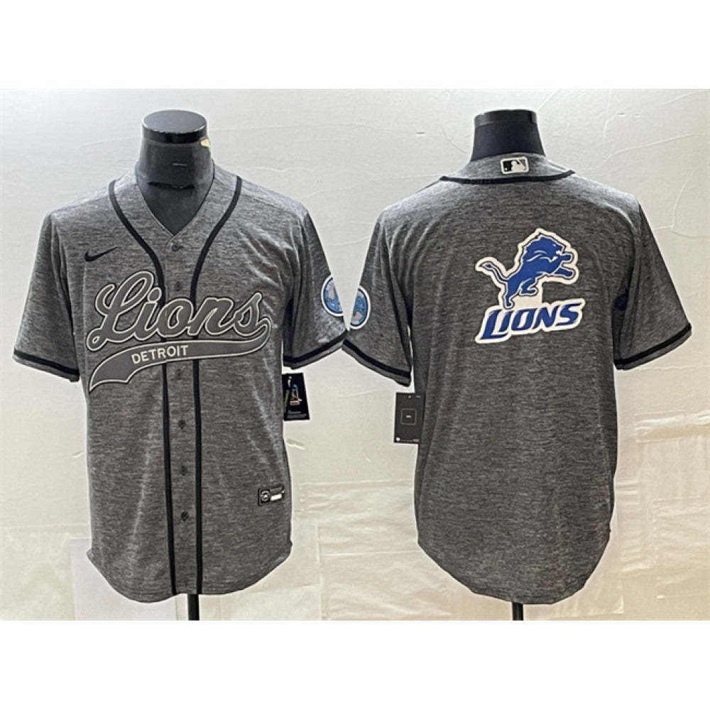 Men's Detroit Lions Grey Team Big Logo Cool Base Stitched Baseball Jersey 