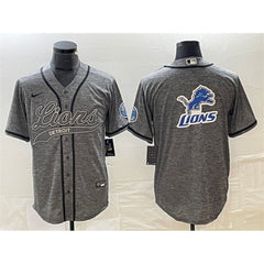 Men's Detroit Lions Grey Team Big Logo Cool Base Stitched Baseball Jersey 