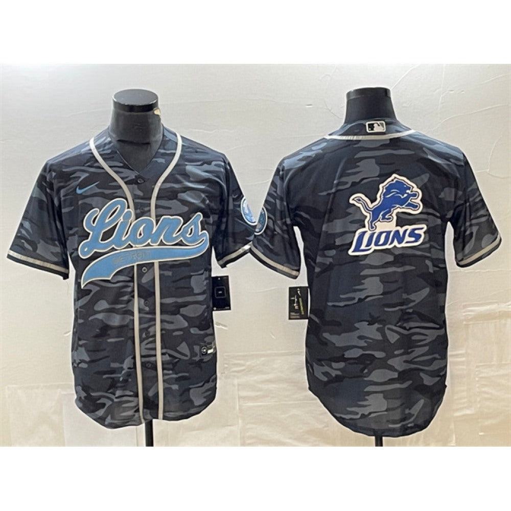 Men's Detroit Lions Grey Camo Team Big Logo Cool Base Stitched Baseball Jersey 