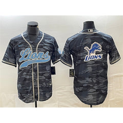 Men's Detroit Lions Grey Camo Team Big Logo Cool Base Stitched Baseball Jersey 