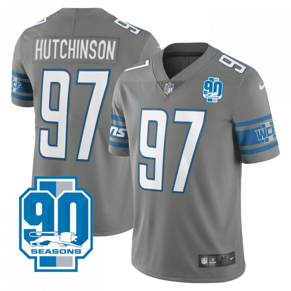 Men's Detroit Lions #97 Aidan Hutchinson Grey 90th Anniversary Vapor Untouchable Limited Stitched Jersey 