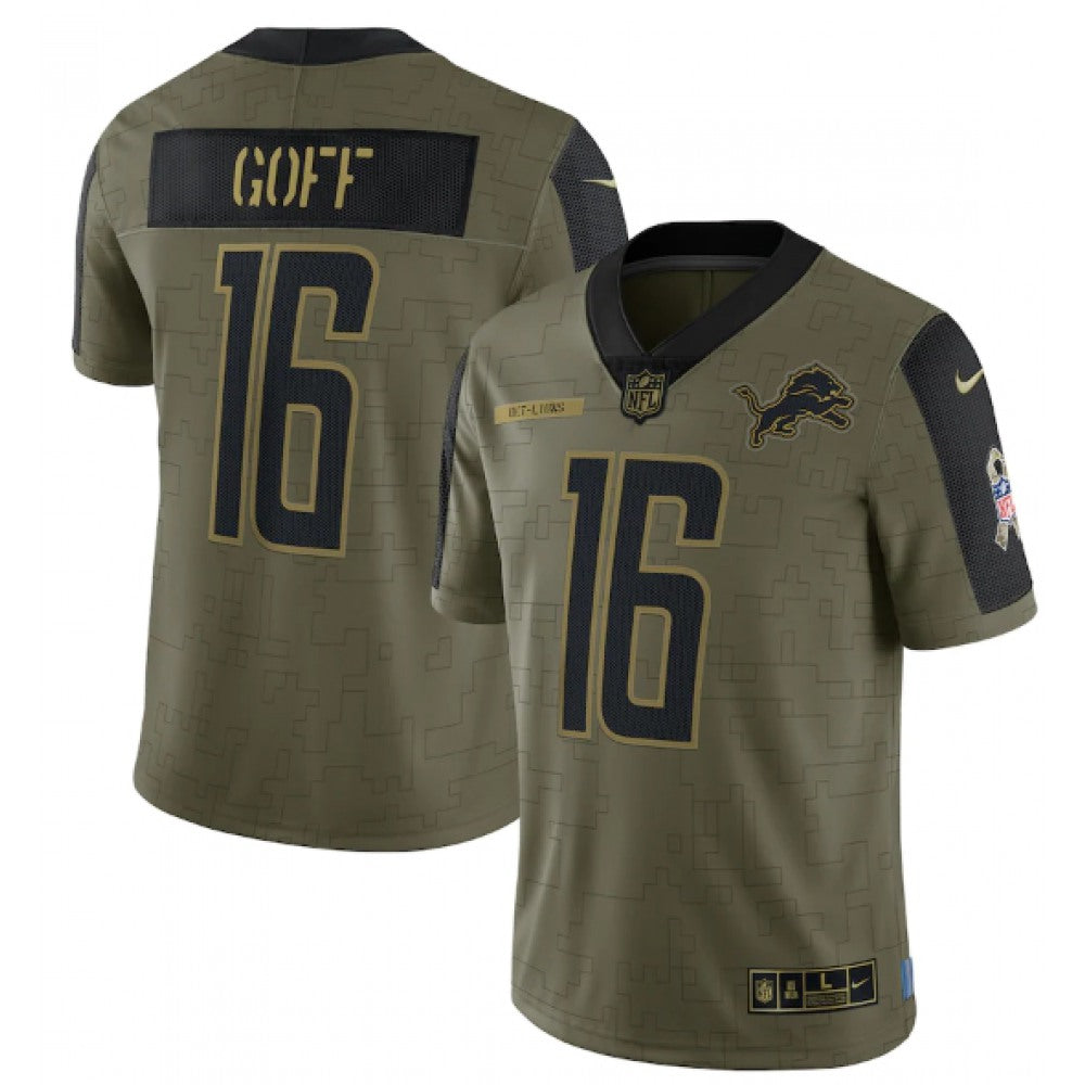 Men's Detroit Lions #16 Jared Goff 2021 Olive Salute To Service Limited Stitched Jersey 