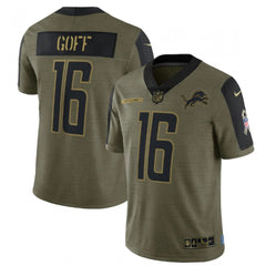 Men's Detroit Lions #16 Jared Goff 2021 Olive Salute To Service Limited Stitched Jersey 