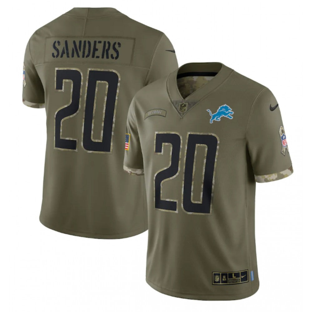 Men's Detroit Lions #20 Barry Sanders Olive 2022 Salute To Service Limited Stitched Jersey 
