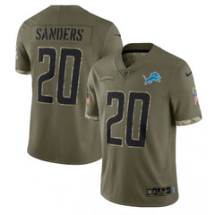Men's Detroit Lions #20 Barry Sanders Olive 2022 Salute To Service Limited Stitched Jersey 