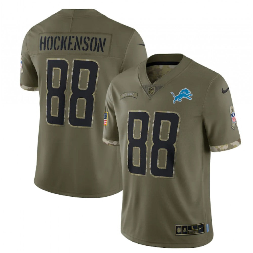Men's Detroit Lions #88 T. J. Hockenson Olive 2022 Salute To Service Limited Stitched Jersey 