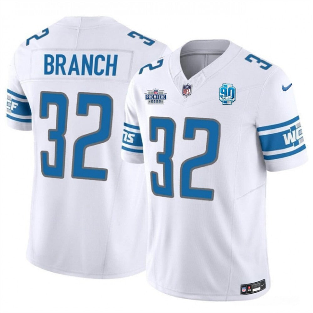 Men's Detroit Lions #32 Brian Branch White 2023 F.U.S.E. With Prem1ere Patch 90th Anniversary Vapor Untouchable Limited Stitched Football Jersey 
