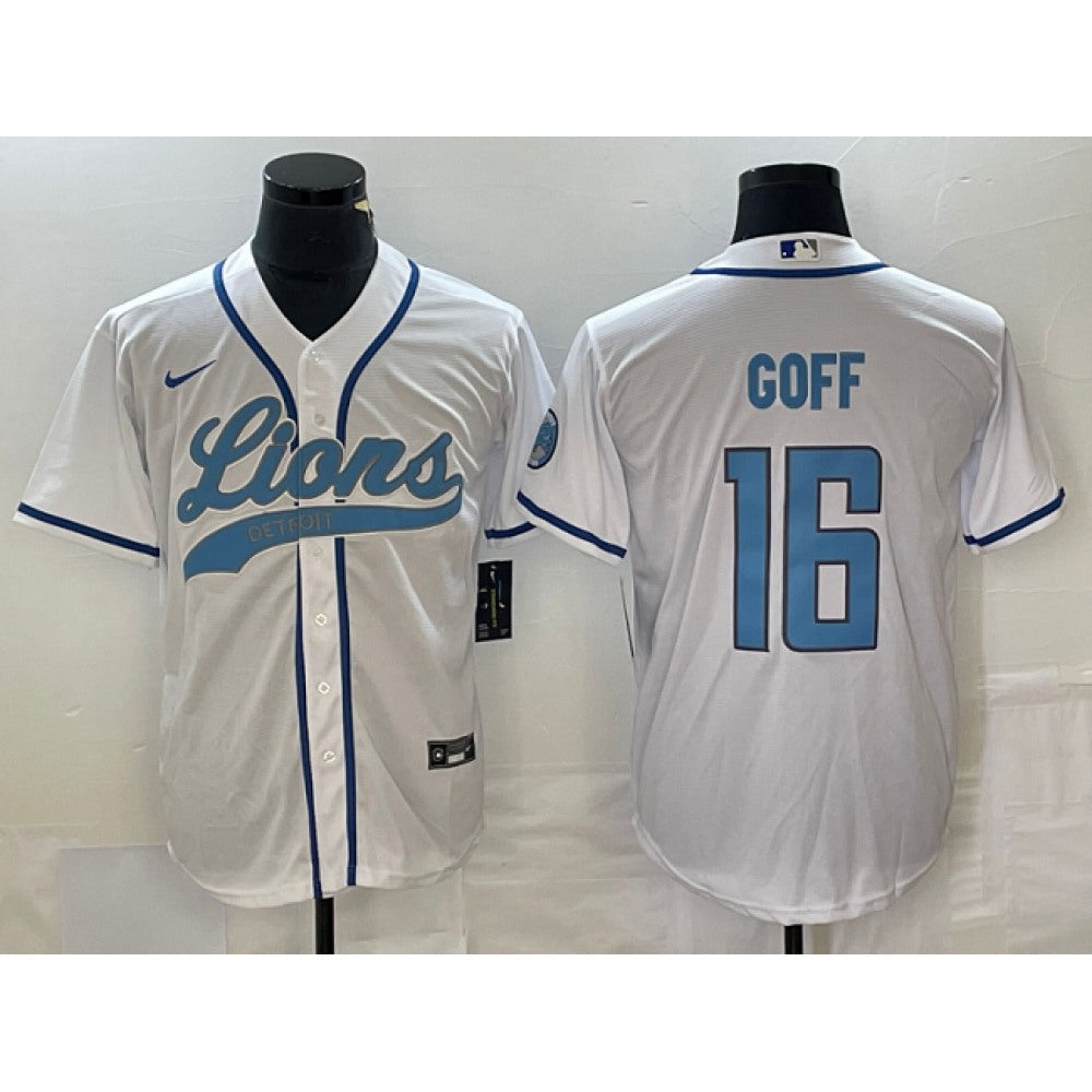 Men's Detroit Lions #16 Jared Goff White Cool Base Stitched Baseball Jersey 