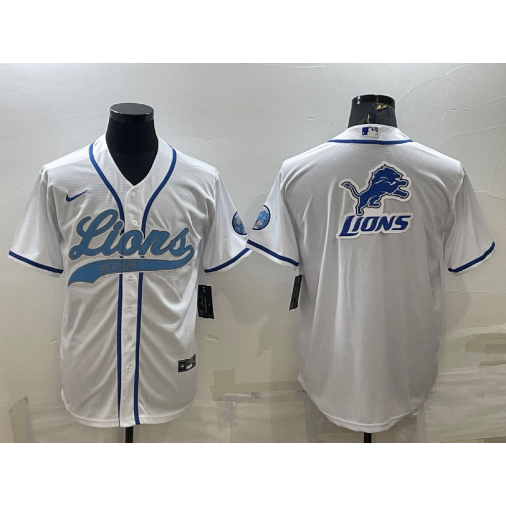 Men's Detroit Lions White Team Big Logo With Patch Cool Base Stitched Baseball Jersey 