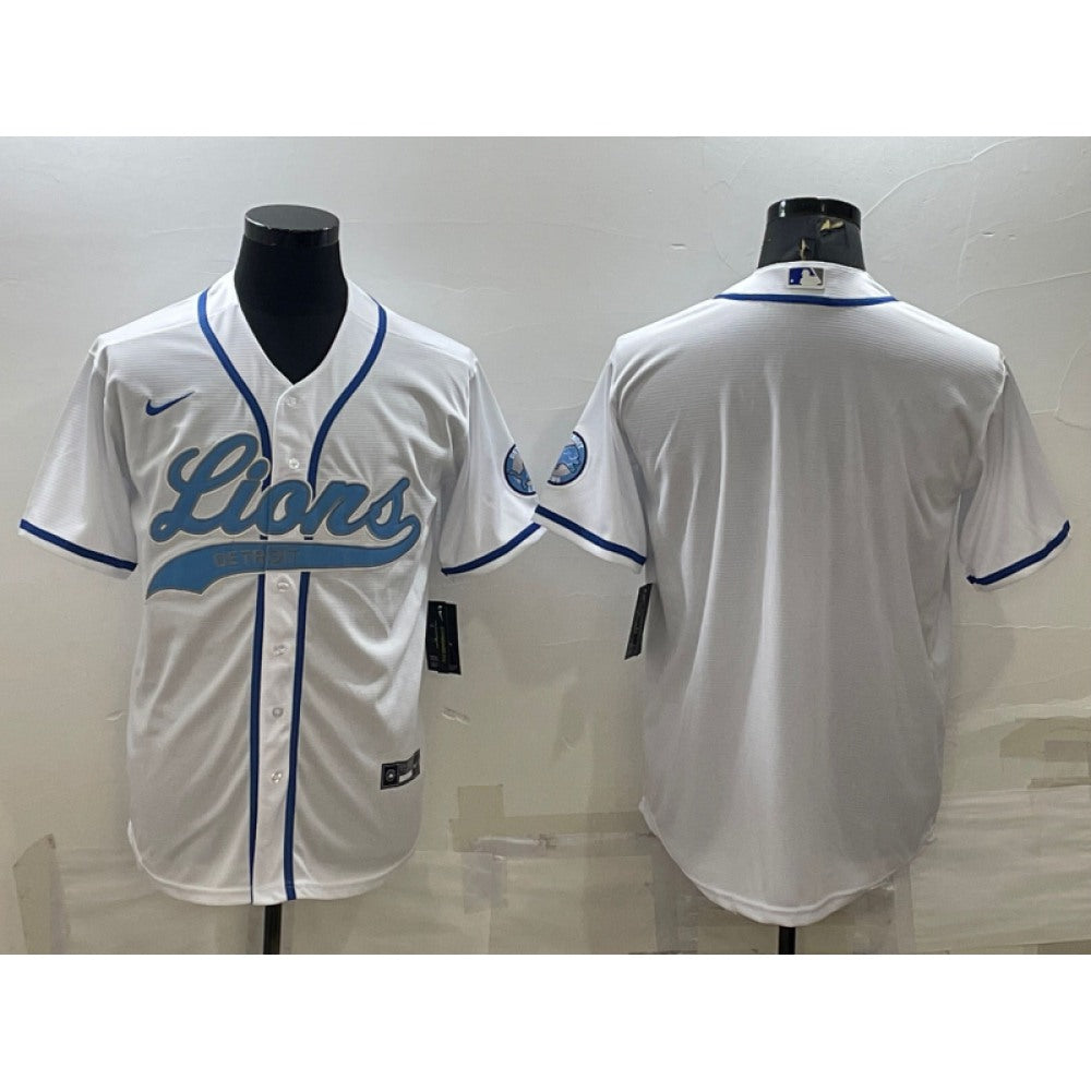 Men's Detroit Lions Blank White With Patch Cool Base Stitched Baseball Jersey 