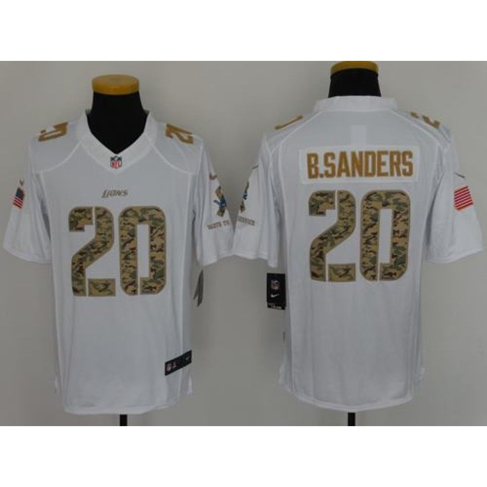 Lions #20 Barry Sanders White Men's Stitched NFL Limited Salute to Service Jersey 