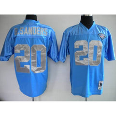 Mitchell & Ness Lions #20 Barry Sanders Blue With 75 Anniversary Patch Stitched Throwback NFL Jersey 
