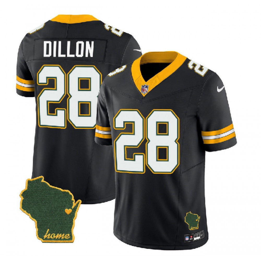 Men's Green Bay Packers #28 A.J. Dillon Black 2023 F.U.S.E. Home Patch Vapor Untouchable Limited Stitched Jersey 