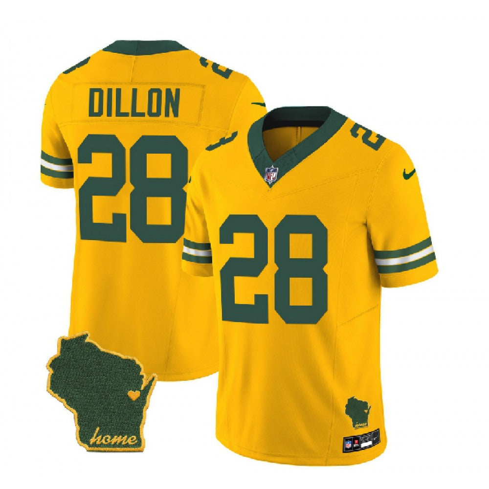 Men's Green Bay Packers #28 A.J. Dillon Gold 2023 F.U.S.E. Home Patch Vapor Untouchable Limited Stitched Jersey 