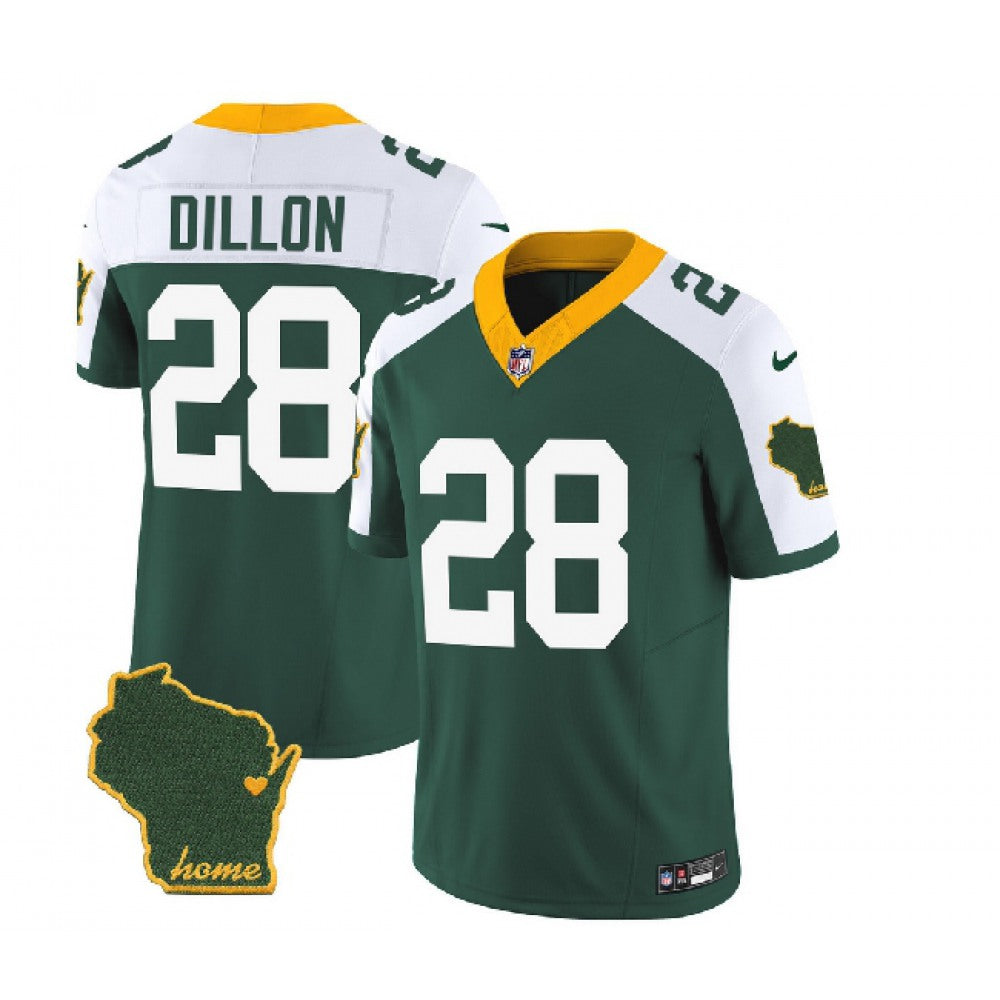 Men's Green Bay Packers #28 A.J. Dillon Green/White 2023 F.U.S.E. Home Patch Vapor Untouchable Limited Stitched Jersey 
