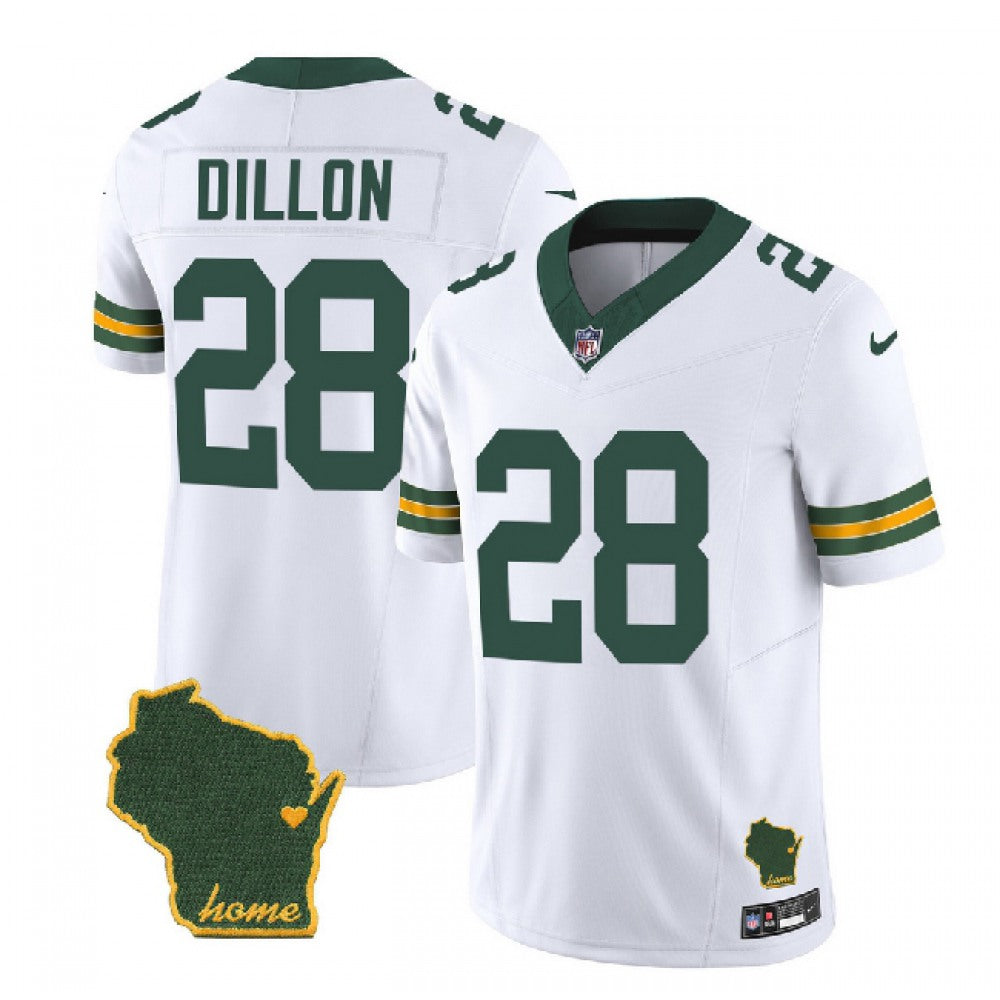 Men's Green Bay Packers #28 A.J. Dillon White 2023 F.U.S.E. Home Patch Vapor Untouchable Limited Stitched Jersey 