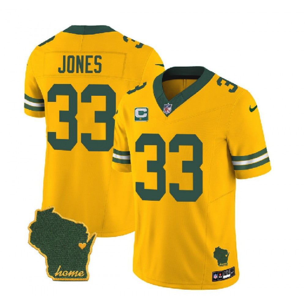 Men's Green Bay Packers #33 Aaron Jones Gold 2023 F.U.S.E. Home Patch And 1-Star C Patch Vapor Untouchable Limited Stitched Jersey 