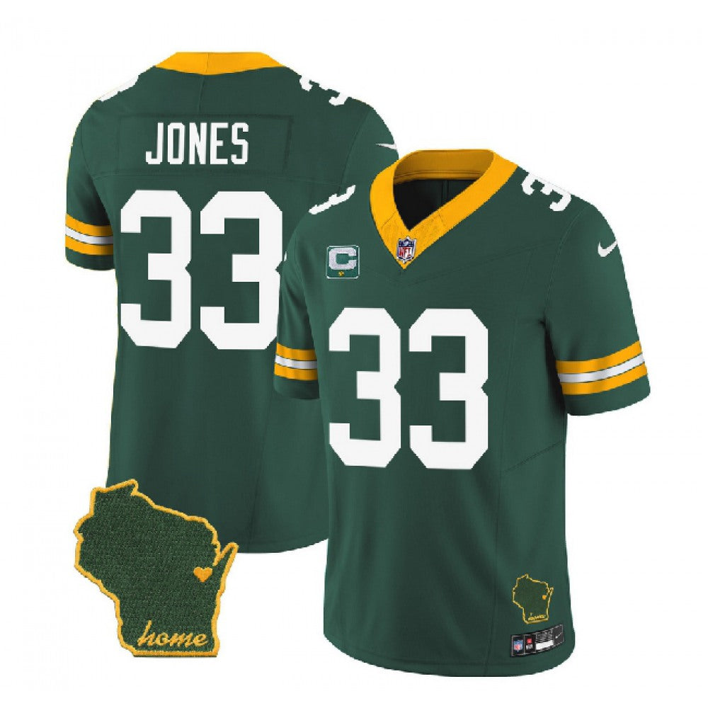 Men's Green Bay Packers #33 Aaron Jones Green 2023 F.U.S.E. Home Patch And 1-Star C Patch Vapor Untouchable Limited Stitched Jersey 