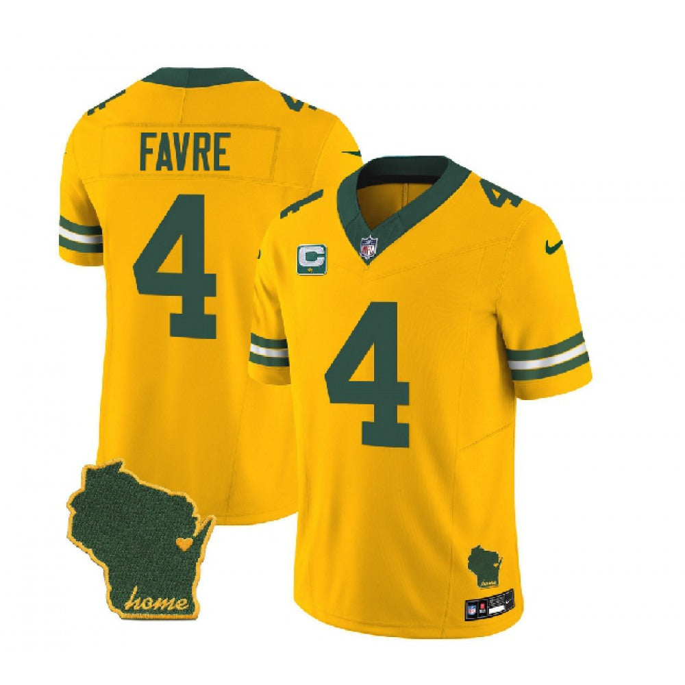 Men's Green Bay Packers #4 Brett Favre Gold 2023 F.U.S.E. Home Patch And 1-Star C Patch Vapor Untouchable Limited Stitched Jersey 